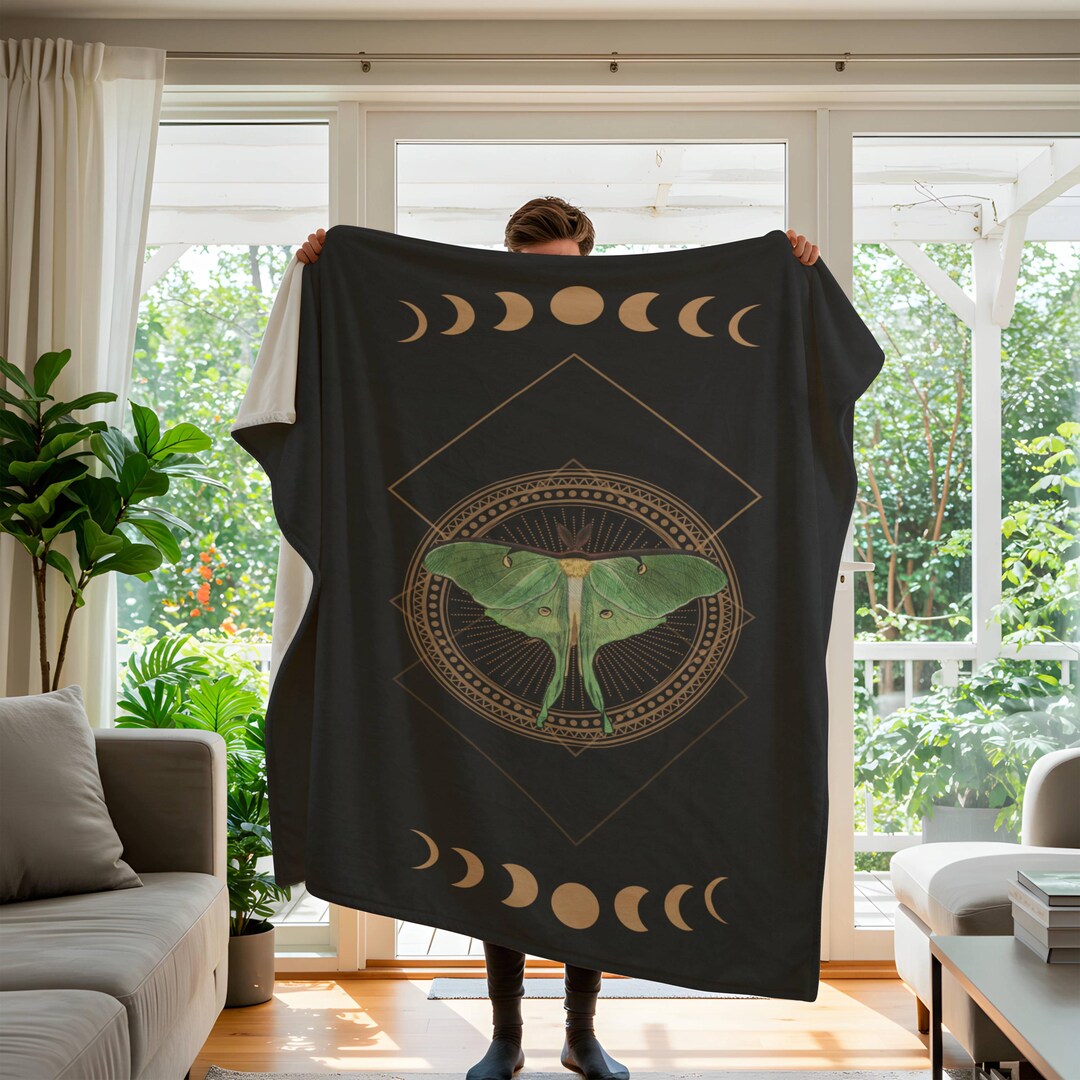 Luna Moth Blanket, Whimsigoth Decor, Mystical Moon Phase Throw, Witchy ...
