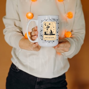 The Reader Tarot Card Bookish Mug, Halloween Coffee Cup for Fantasy Readers, Witchy Book Lover Gift, Spooky Season Reading Mug, Gift for Her