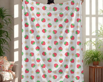 Cottagecore Strawberry Blanket, Cozy Velveteen Strawberries Throw, Mothers Day Blankets