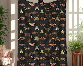 Celestial Moth Blanket, Moon Witchy Throw, Gothic Cottagecore Velveteen Blankets, Dark Academia Room Decor, Whimsical Goblincore Gifts