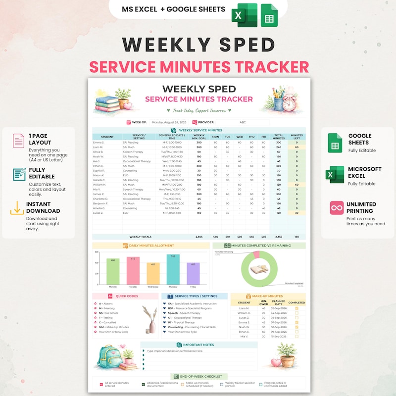 Sped Schedule Template - Etsy