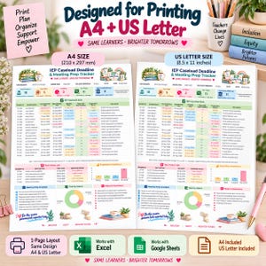 May include: An IEP Caseload Deadline and Meeting Prep Tracker digital template designed for A4 and US Letter sizes. The document includes tables for student data, meeting checklists, task status charts, and notes sections with a colorful layout.