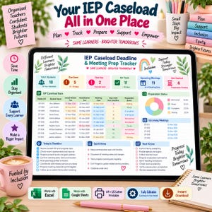 May include: A digital tablet screen displaying an IEP Caseload Deadline and Meeting Prep Tracker with data tables, progress charts, and checklists. The interface includes sections for student IDs, meeting dates, and preparation status in a clean layout.