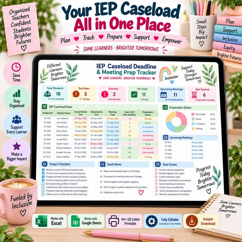 May include: A digital tablet screen displaying an IEP Caseload Deadline and Meeting Prep Tracker with data tables, progress charts, and checklists. The interface includes sections for student IDs, meeting dates, and preparation status in a clean layout.
