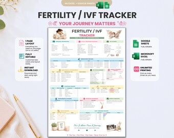 Fertility IVF Tracker | Google Sheets & Excel | IVF Journey Planner | Medication Tracker | Cycle Tracker | A4 and US Letter | 1 Page Layout