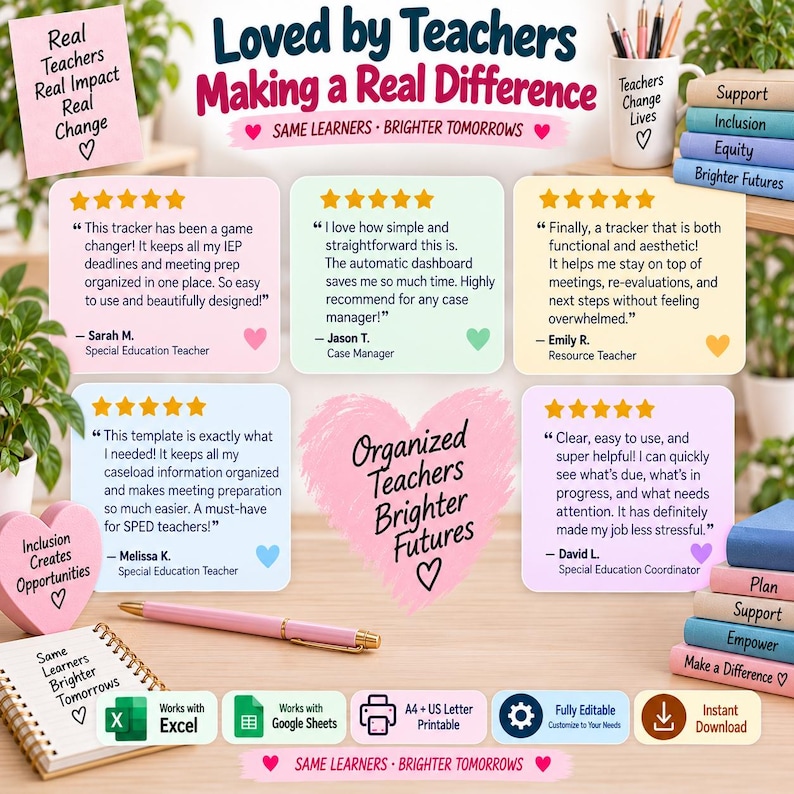 May include: A digital organizational template for teachers featuring five-star reviews, a pink pen, a spiral notebook, and stacked books labeled Support, Inclusion, Equity, and Brighter Futures. Text includes Loved by Teachers Making a Real Difference.