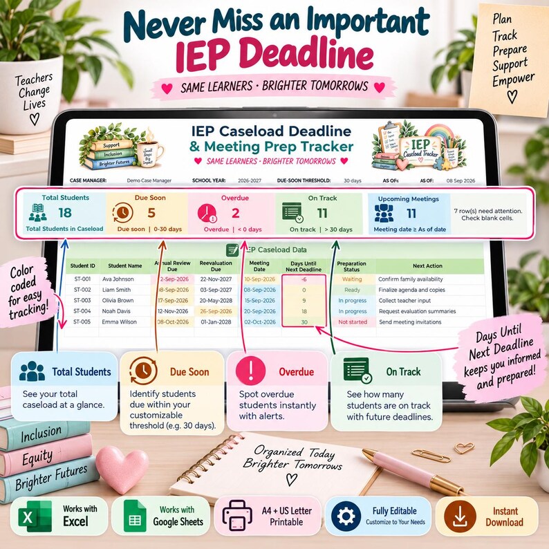 May include: A digital IEP Caseload Deadline and Meeting Prep Tracker displayed on a tablet screen. The interface features color-coded status indicators for student deadlines, meeting dates, and preparation status, alongside a spreadsheet grid.