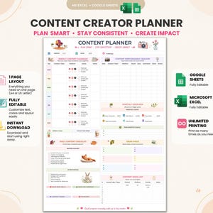 Content Planner | Excel & Google Sheets | Social Media Planner | Content Calendar | Performance Tracker | Ideas Vault | Instagram | Tiktok