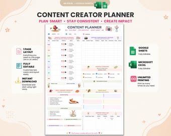 Content Planner | Excel & Google Sheets | Social Media Planner | Content Calendar | Performance Tracker | Ideas Vault | A4 and US Printable