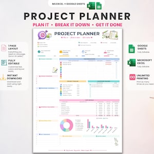 May include: A digital project planner template for Microsoft Excel and Google Sheets featuring a one-page layout with sections for project details, task lists, timelines, milestone trackers, cost details, and visual charts including a pie chart and bar graph.
