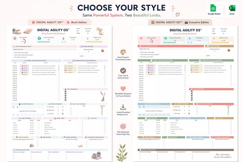 Daily Productivity Planner | Excel & Google Sheets | Time Blocking | Habit Tracker Dashboard | 2 Color Editions | Task Manager | A4 and US image 2