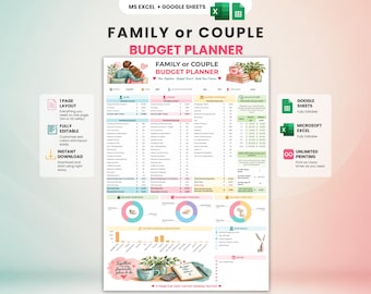 Couple Budget Planner | Family Budget | Google Sheets & Excel | Shared Expenses | Dual Income Tracker | Savings Calculator | A4/US Printable