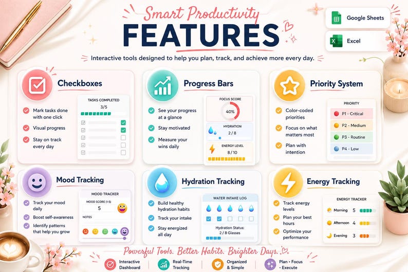 Daily Productivity Planner | Excel & Google Sheets | Time Blocking | Habit Tracker Dashboard | 2 Color Editions | Task Manager | A4 and US image 5