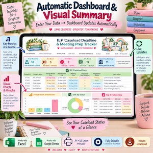 May include: A digital IEP Caseload Deadline and Meeting Prep Tracker displayed on a tablet screen. The dashboard features automated charts, tables for student data, and status summaries. It includes sections for total students, due dates, and meeting preparation tasks.