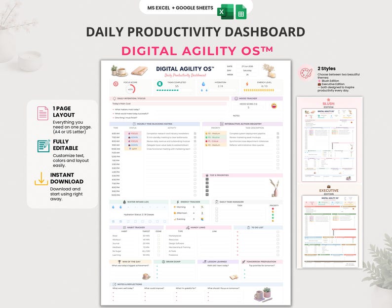 Daily Productivity Planner | Excel & Google Sheets | Time Blocking | Habit Tracker Dashboard | 2 Color Editions | Task Manager | A4 and US image 1