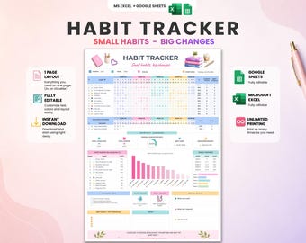 Habit Tracker Spreadsheet | Excel & Google Sheets | Monthly Habit Tracker | Streak Tracker | A4 and US | Wellness Tracker | Sleep Tracker