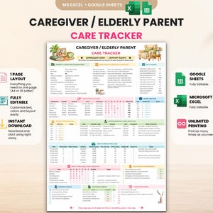 May include: A digital caregiver and elderly parent care tracker template featuring sections for personal information, medication, appointments, daily living tasks, and mood tracking, compatible with Microsoft Excel and Google Sheets.
