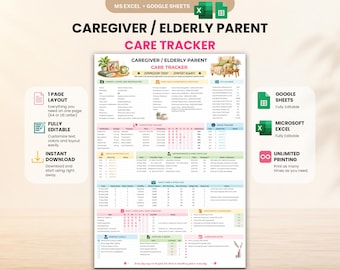 Caregiver Tracker | Elderly Parent Care | Google Sheets & Excel | Medication Log | Vitals Tracker | ADL Checklist | A4 and US Letter Print