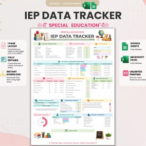 May include: A digital IEP data tracker template for special education, featuring sections for student information, progress monitoring, goals, services, and compliance tracking. The layout includes colorful charts, icons, and text fields designed for Microsoft Excel and Google Sheets compatibility.