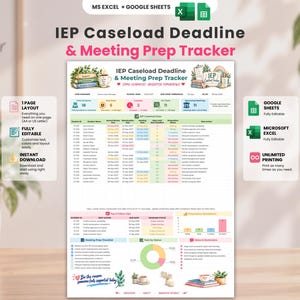 Könnte beinhalten: Eine digitale IEP Caseload Deadline and Meeting Prep Tracker Tabellenvorlage für Microsoft Excel und Google Sheets. Das Dokument bietet ein farbenfrohes Layout mit Tabellen, Statusanzeigen, einem Kreisdiagramm und einer Checkliste zur Datenverfolgung.