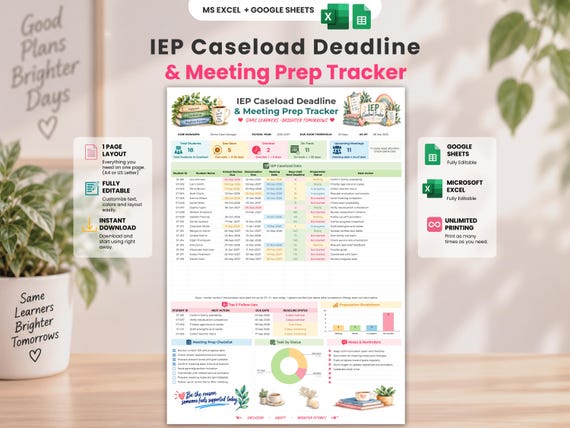 IEP Caseload Tracker | Special Education | Google Sheets & Excel | IEP Deadline Tracker | Meeting Prep | Teacher Planner | A4 / US Letter