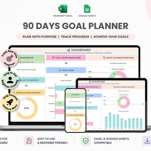 May include: A 90 Days Goal Planner digital dashboard displayed on a laptop, tablet, and smartphone screen. The interface features charts, progress bars, and data tables for tracking objectives, tasks, and performance metrics in Excel and Google Sheets.