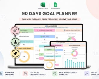 90 Day Goal Planner | Excel & Google Sheets | Productivity Dashboard | Goal Tracker Spreadsheet | Progress Tracker | Smart Goals Template
