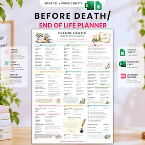 Peut inclure: Un document numérique de planification de fin de vie intitulé Before Death/End of Life Planner, comprenant des sections pour les informations personnelles, les préférences funéraires, les données financières et les actifs numériques, compatible avec Microsoft Excel et Google Sheets.