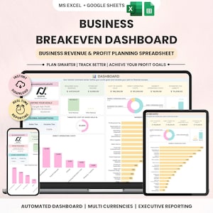 Puede incluir: Un panel digital de punto de equilibrio empresarial para MS Excel y Google Sheets. La pantalla muestra herramientas de planificación financiera, seguimiento de ingresos y beneficios, gráficos de barras y circulares en dispositivos.