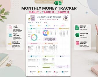 Monthly Money Tracker | Excel & Google Sheets | Budget Tracker | Savings Goal Tracker | Debt Tracker | Daily Expense Log | A4 and US Letter