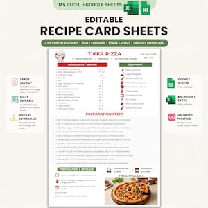 May include: Editable recipe card sheets for MS Excel and Google Sheets featuring a Tikka Pizza recipe. The document includes sections for ingredients, equipment, preparation steps, and storage instructions, with a photo of a finished pizza.