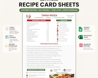 Rezeptkarten-Vorlage | Excel & Google Tabellen | Standardarbeitsanweisung für Restaurantküchen | Druckbares A4-Rezeptblatt | Visuelle und schriftliche Versionen | Speiseplaner