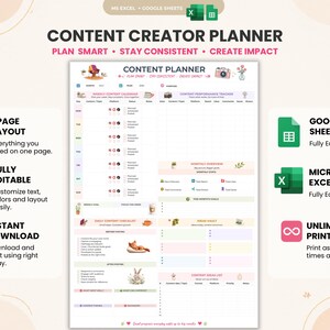 Könnte beinhalten: Eine digitale Content-Creator-Planervorlage für Microsoft Excel und Google Sheets. Das Dokument enthält einen wöchentlichen Inhaltskalender, einen Performance-Tracker, eine monatliche Übersicht, eine Checkliste und eine Liste für Inhaltsideen.