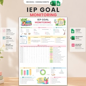 May include: A digital IEP goal monitoring template for Microsoft Excel and Google Sheets. The document features sections for student information, goal descriptions, daily data tracking, prompt level usage, and progress summaries with colorful icons.