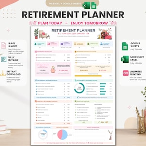 Retirement Planner | Excel & Google Sheets | Retirement Savings Calculator | Readiness Score | Income and Budget | Financial Plan | A4 + US