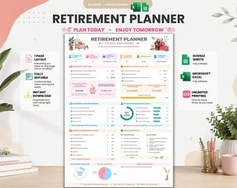 Retirement Planner | Excel & Google Sheets | Retirement Savings Calculator | Readiness Score | Income and Budget | Financial Plan | A4 + US