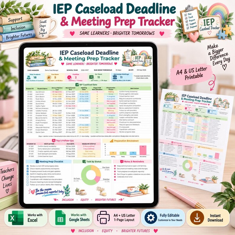 May include: An IEP Caseload Deadline and Meeting Prep Tracker digital template displayed on a tablet and printed paper. The document features colorful charts, tables, and checklists for tracking student data, meeting dates, and preparation status.