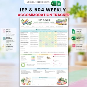 May include: A digital IEP and 504 weekly accommodation tracker document featuring sections for student data, weekly tracking grids, a snapshot summary, student graphing, follow-up tasks, and an end-of-week reflection area with colorful illustrations.