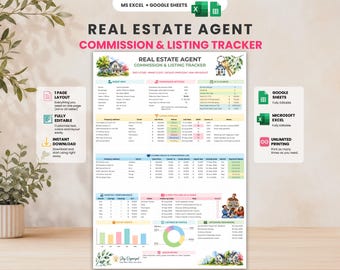 Real Estate Agent Tracker | Commission Calculator | Listing Pipeline | Google Sheets and Excel | GCI Tracker | A4 and US Letter Printable