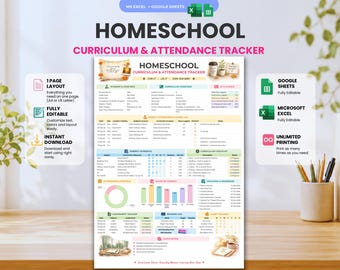 Homeschool Tracker | Google Sheets and Excel | Attendance Tracker | Curriculum Planner | Hours Log | A4 & US Letter | Homeschool | Printable