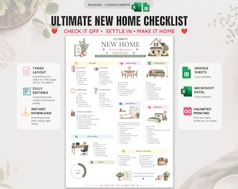 New Home Checklist | First Apartment Checklist | Moving Checklist | Excel & Google Sheets | Printable | New Home Essentials | A4 + US Print