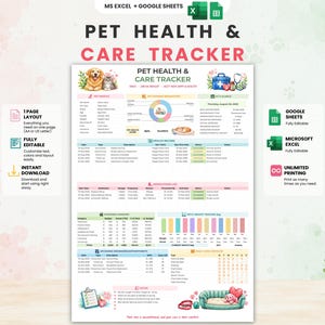 Può includere: Un modello digitale per il monitoraggio della salute e della cura degli animali domestici per Microsoft Excel e Google Sheets. Il documento include sezioni per il profilo dell'animale, cartelle cliniche, farmaci e spese.