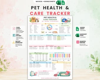 Pet Health Tracker | Dog and Cat Care | Google Sheets & Excel | Vet Record | Medication Log | Pet Expense Tracker | A4 US Letter Printable