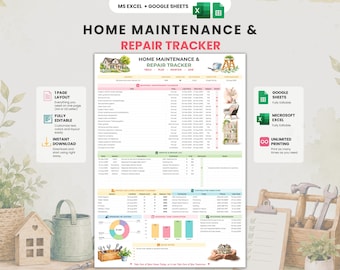Home Maintenance Tracker | Google Sheets & Excel | Repair Log | Seasonal Maintenance | System Replacement Planner | Home Care | A4 US Letter