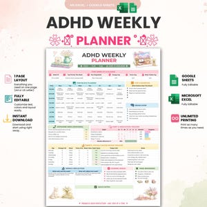 Op de afbeelding: Een digitale ADHD-weekplanner-sjabloon met een lay-out van één pagina met secties voor tijdsblokkering, gewoonte- en medicatietracking, brain dump en wekelijkse reflectie, inclusief tekstkoppen voor gebruik in Excel en Google Sheets.
