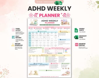 ADHD Weekly Planner | Google Sheets and Excel | Time Blocking | Dopamine Menu | Habit Tracker | Focus Planner | A4 & US Letter | Editable