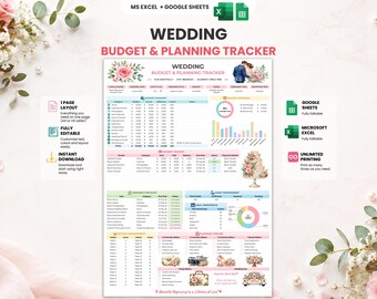 Wedding Budget Planner | Google Sheets & Excel | Wedding Checklist | Guest Tracker | Seating Plan | Multi Currency | A4 US Letter Printable