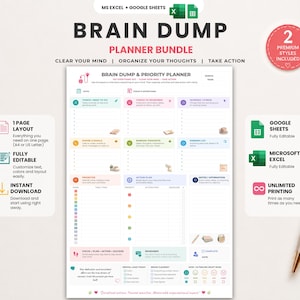 May include: A digital Brain Dump planner bundle for Microsoft Excel and Google Sheets. The document features a multi-section layout with color-coded categories for tasks, priorities, and notes. Includes text labels like Brain Dump & Priority Planner.