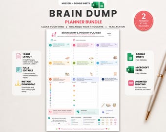 Brain Dump Planner | Excel & Google Sheets | Priority Planner | A4 and US Letter Printable | 2 Editions | Mind Organizer | Thought Organizer