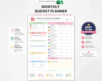 Monthly Budget Planner | Excel & Google Sheets | Expense Tracker | Savings Challenge | A4 and US  | Multi Currency Budget | Money Tracker